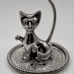Vintage Mid Century Modern Cat Kitty Ring Holder Trinket Tray Dish Floral Metal